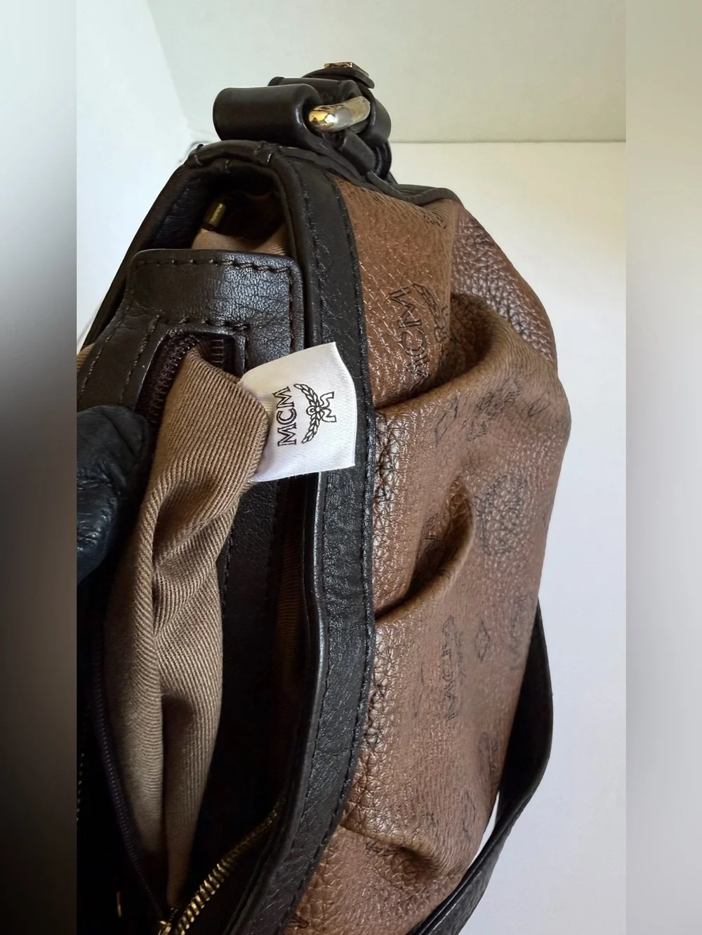MCM Cognac Logo-Print Leather Shoulder Bag with Gold Plaque
